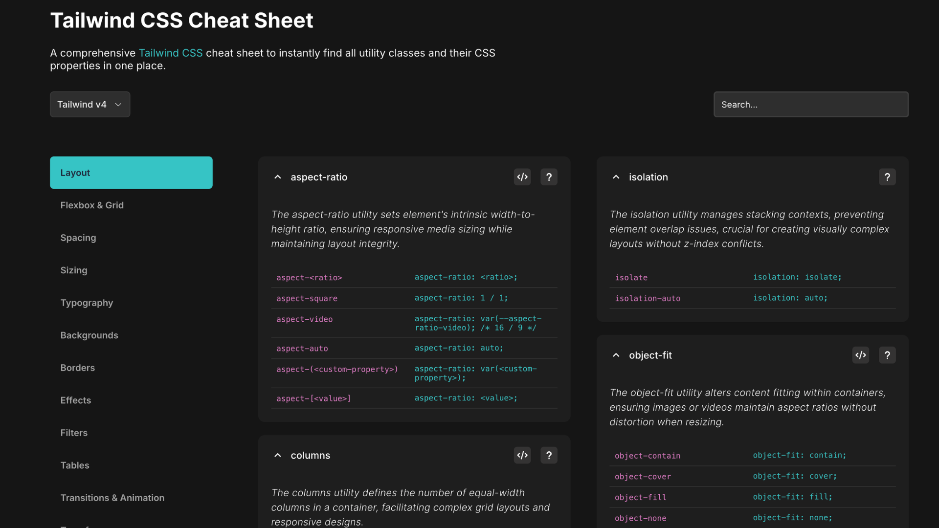 Tailwind CSS Cheat Sheet