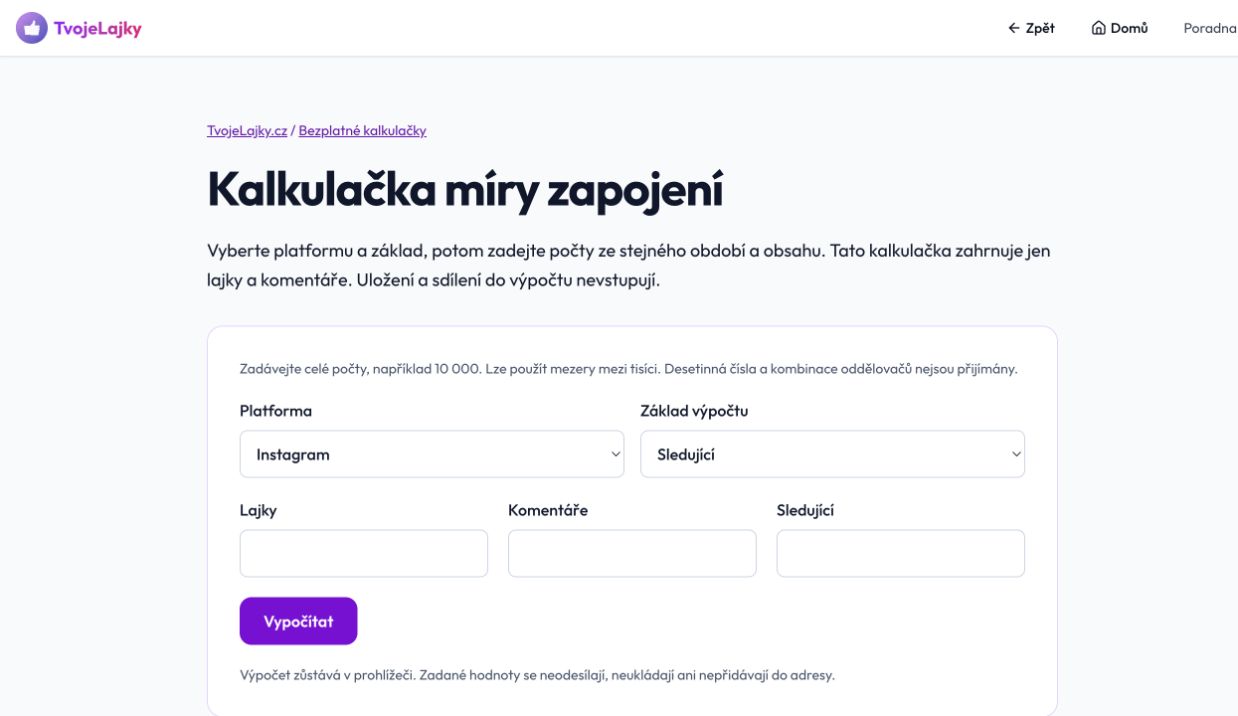 TvojeLajky engagement rate calculator (Czech)